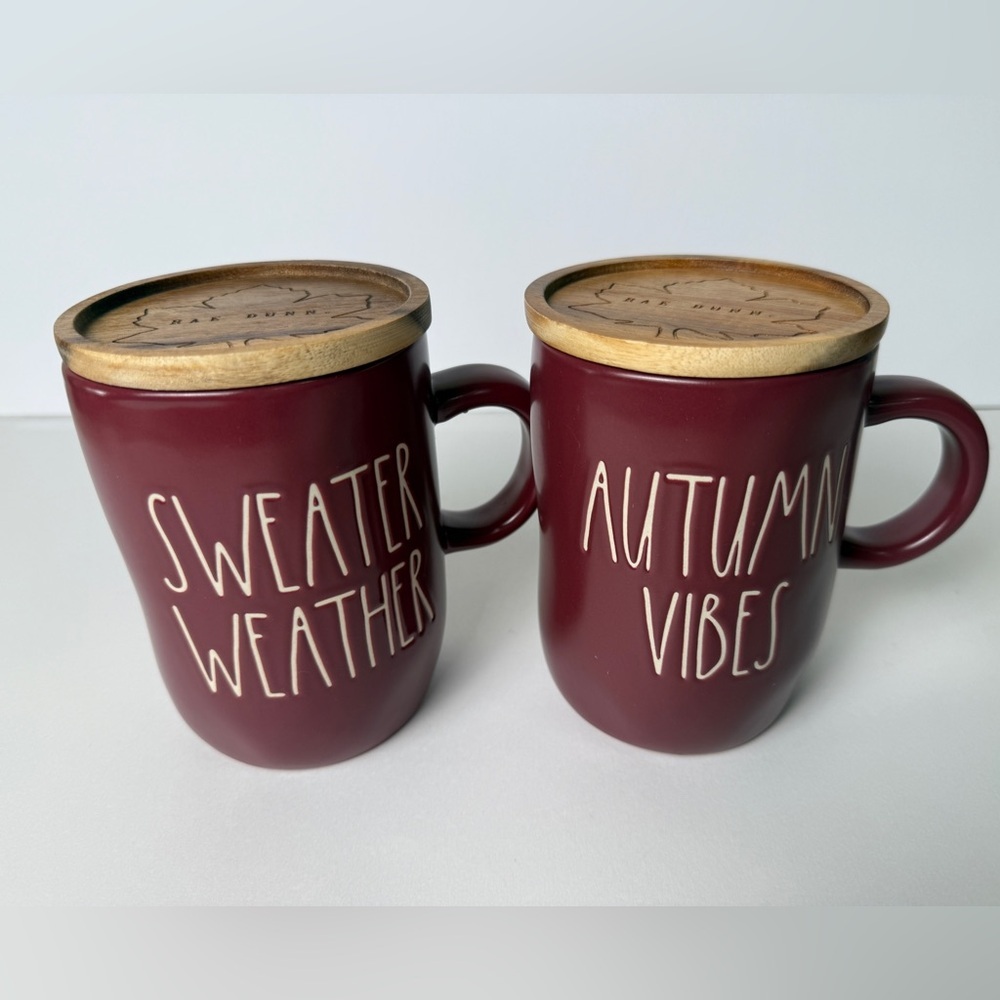 Rae Dunn Pair of Autumn/Fall Coffee Mugs with Lids NWOT